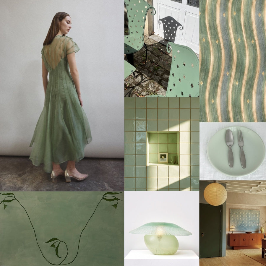 A moodboard collage featuring jade green and beige tones, with a woman wearing a flowing midi dress, patterned wallpaper, a green chair, tiled wall, plate with cutlery, a green dome lamp, and interior room scenes.