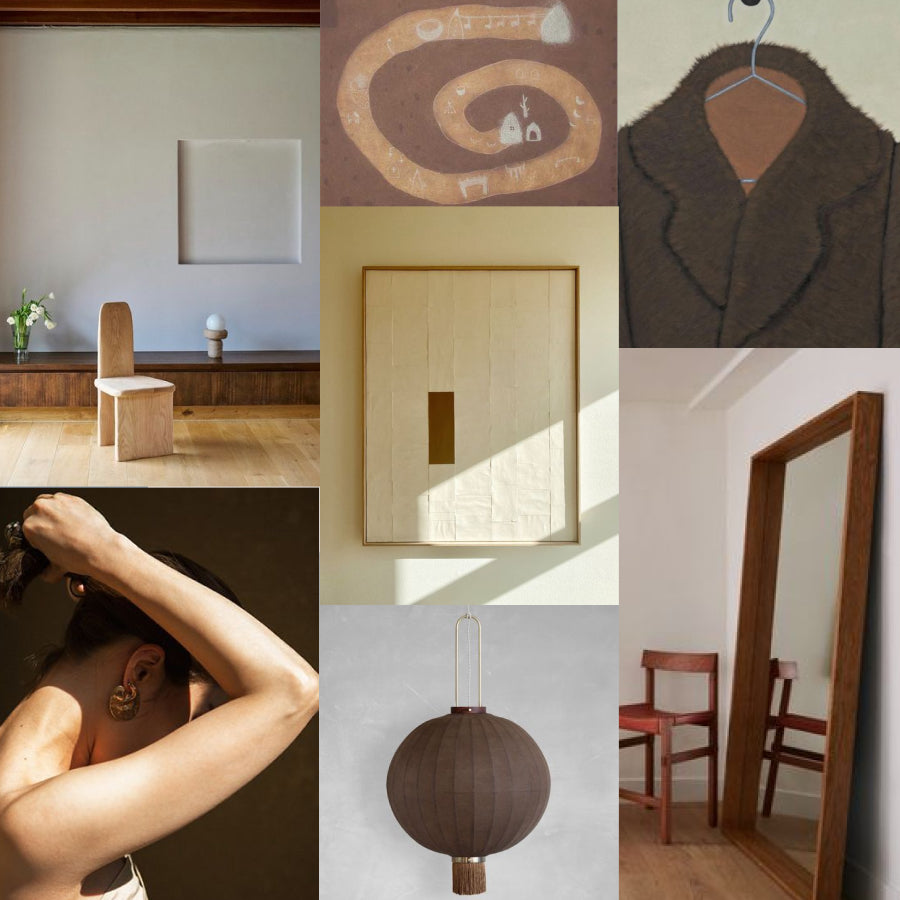 A collage showing interior design and decor items: a minimalist chair in a room, abstract wall art, a dark brown coat on a hanger, a framed abstract print, a hanging brown paper lantern, and a tall wooden-framed mirror.
